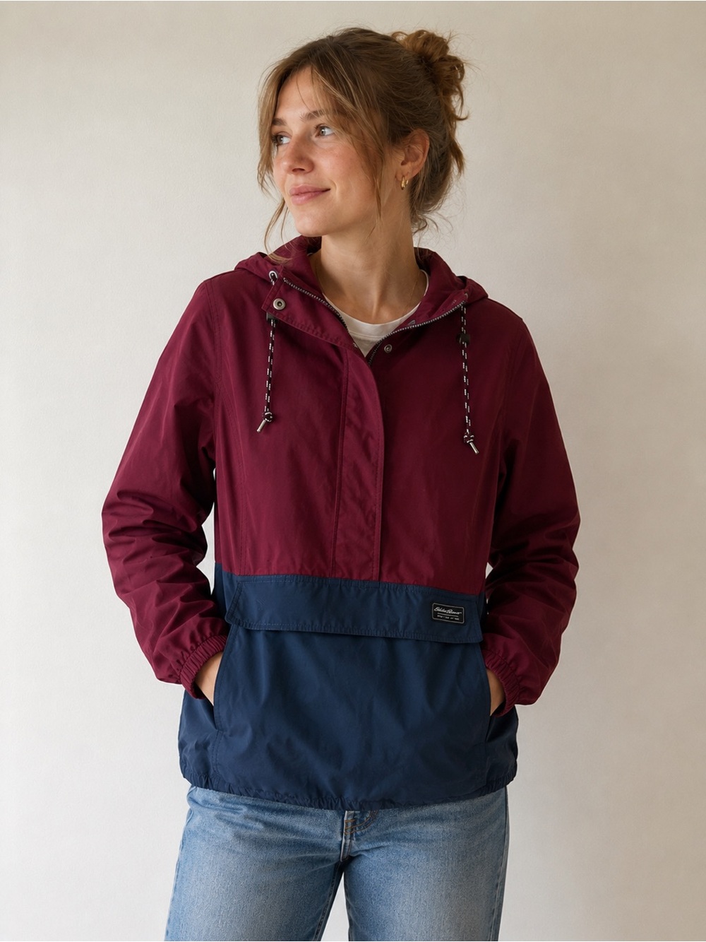 Eddie Bauer Size Medium Packable Anorak Windbreaker Jacket Hooded Navy Fall